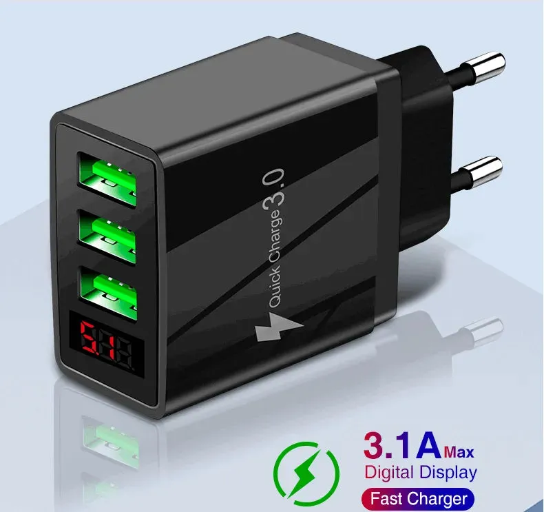 3 port LED Display Wall Charger  and 3 in 1 Cable Bundle Black