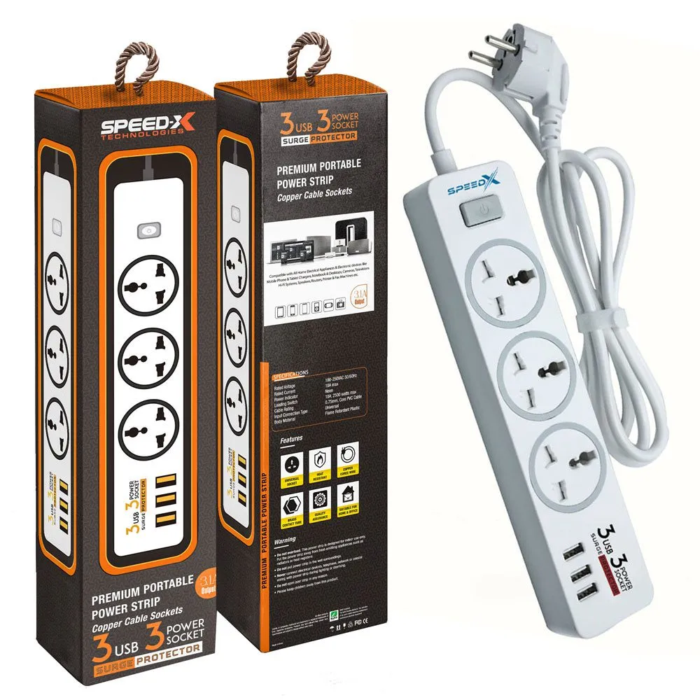 303pu Speed-X Premium Portable Power Strip 3socket 3usb Port