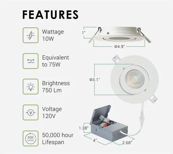 4" Gimbal Recessed LED Downlights - 5000k - 9W