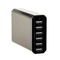 6 Port USB Travel Charge Station.  Total 10A. Ports: 3@1A. 1@2.1A. 2@2.4A. Gloss Black. 4 foot power cord.