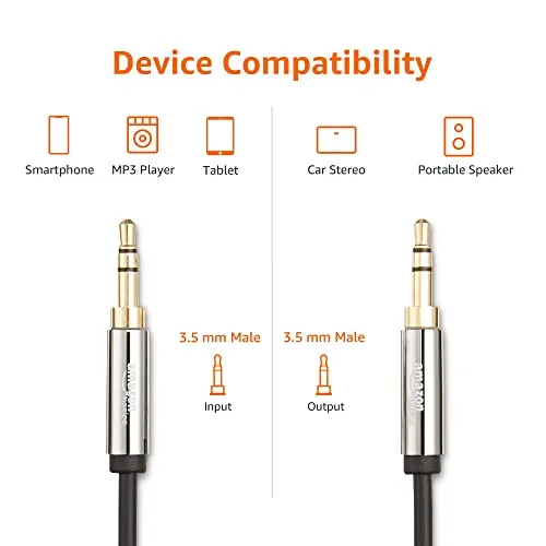 Amazon Basics Male to Male Stereo Audio Aux Cable with Gold Plated Connectors Tablet, Smartphone 4 Feet