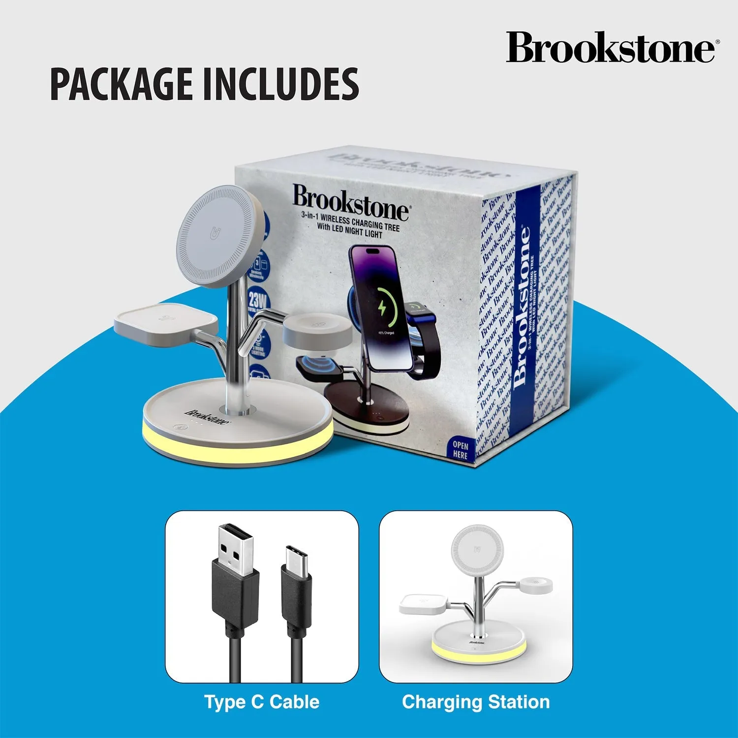 Brookstone 3 in 1 Wireless Charging Station Compatible with MagSafe Charger for Apple Fast Wireless Charger Stand for iPhones, iWatch, and Airpods