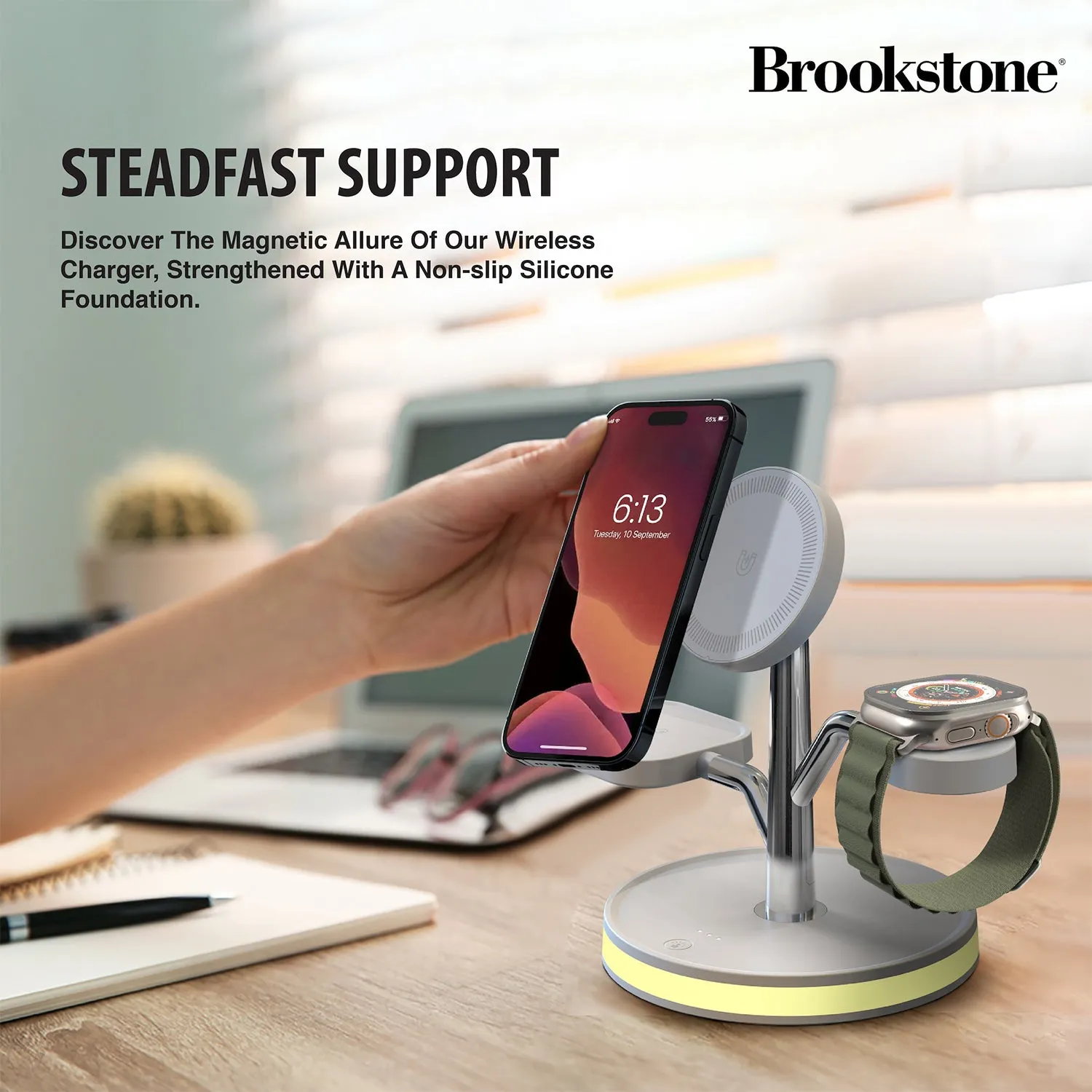 Brookstone 3 in 1 Wireless Charging Station Compatible with MagSafe Charger for Apple Fast Wireless Charger Stand for iPhones, iWatch, and Airpods