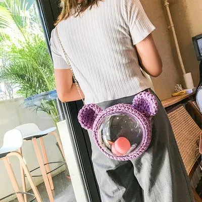 Cute Light Pink Crochet Mouse Backpack Mouse Crochet Shoulder Bag for Girl Mouse Crochet Crossbody Purse