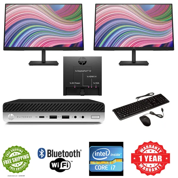 Dual Screen Bundle HP EliteDesk 800 G3 Tiny PC i7 -7700T 8GB RAM 256GB SSD W10 Pro WIFI Ready 22" Monitor Keyboard Mouse