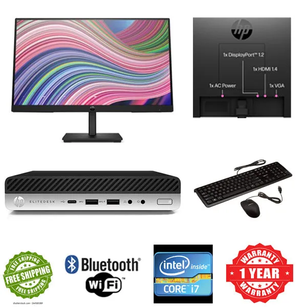 Dual Screen Bundle HP EliteDesk 800 G3 Tiny PC i7 -7700T 8GB RAM 256GB SSD W10 Pro WIFI Ready 22" Monitor Keyboard Mouse