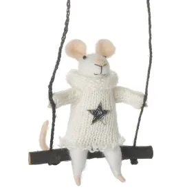 Felt Mouse on Wooden Swing Christmas Tree Decoration