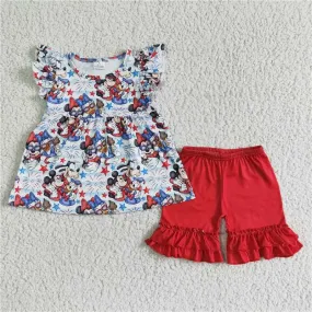 girls 4th of July cartoon tops red shorts sets GSSO0094