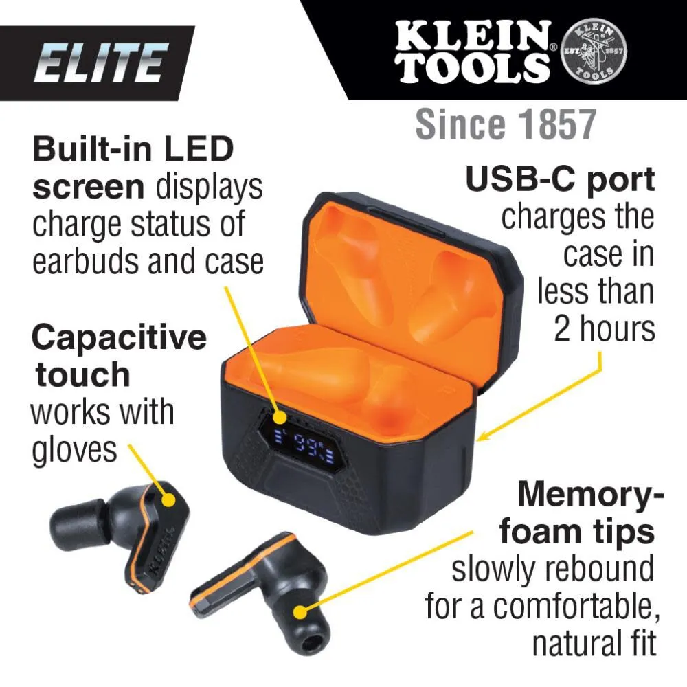 Klein Tools AESEB2 Elite Bluetooth Jobsite Earbuds, True Wireless Earplugs, 25dB NRR Hearing Protection, 24-Hour Playtime, Digital LED Display