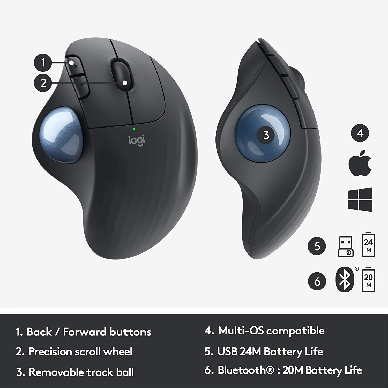 Logitech Mouse ERGO M575 Wireless Trackball Mouse, Easy thumb control, Precision and smooth tracking, Ergonomic comfort design, Windows/Mac, Bluetooth, USB - (Graphite)