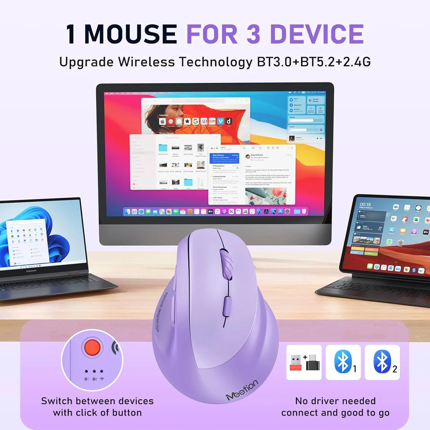 MEETION Ergonomic Mouse, Wireless Vertical Mouse RGB Backlit Rechargeable Mice for Bluetooth(5.2   3.0) & USB-A with USB-C Adapter 4 Adjustable DPI Compatible Mac/Windows/Andriod/Pc/Tablet/Ipad Purple