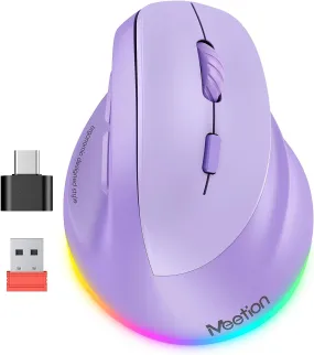 MEETION Ergonomic Mouse, Wireless Vertical Mouse RGB Backlit Rechargeable Mice for Bluetooth(5.2   3.0) & USB-A with USB-C Adapter 4 Adjustable DPI Compatible Mac/Windows/Andriod/Pc/Tablet/Ipad Purple