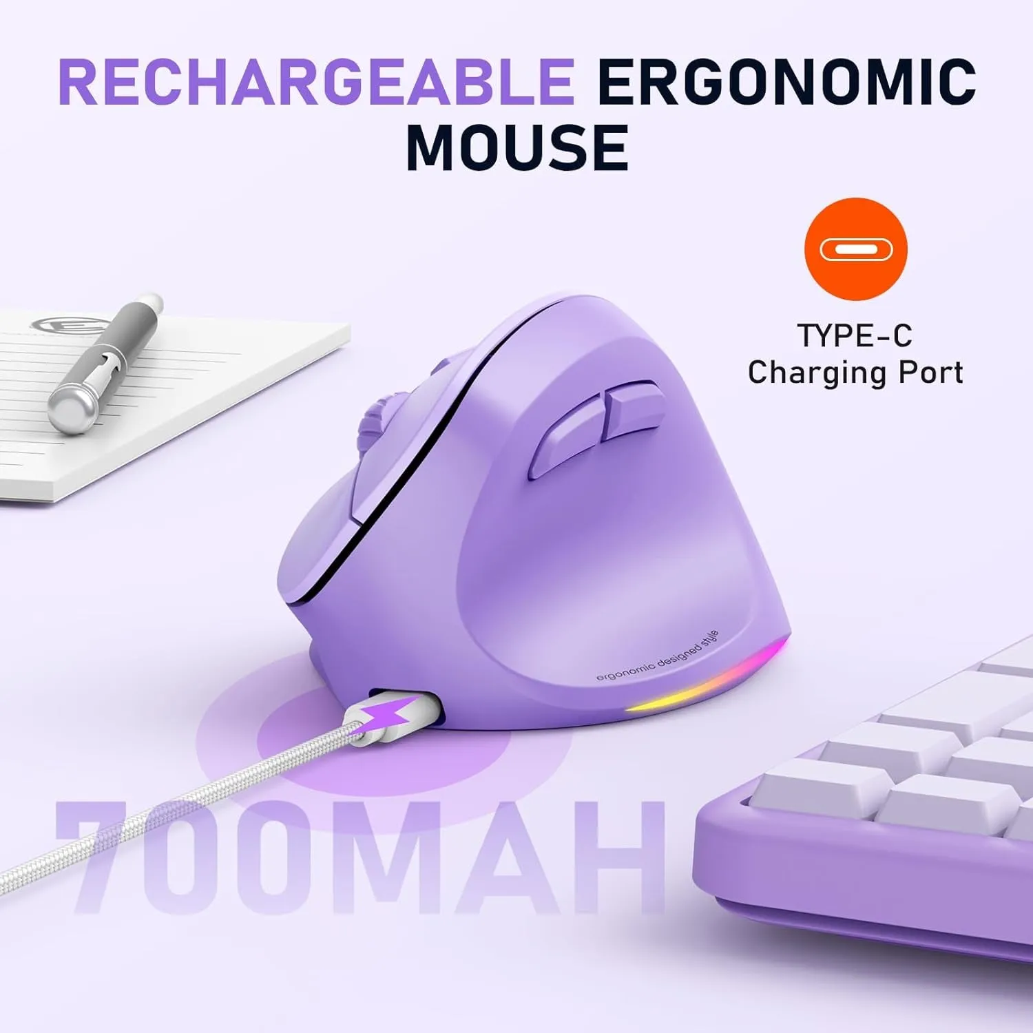 MEETION Ergonomic Mouse, Wireless Vertical Mouse RGB Backlit Rechargeable Mice for Bluetooth(5.2   3.0) & USB-A with USB-C Adapter 4 Adjustable DPI Compatible Mac/Windows/Andriod/Pc/Tablet/Ipad Purple