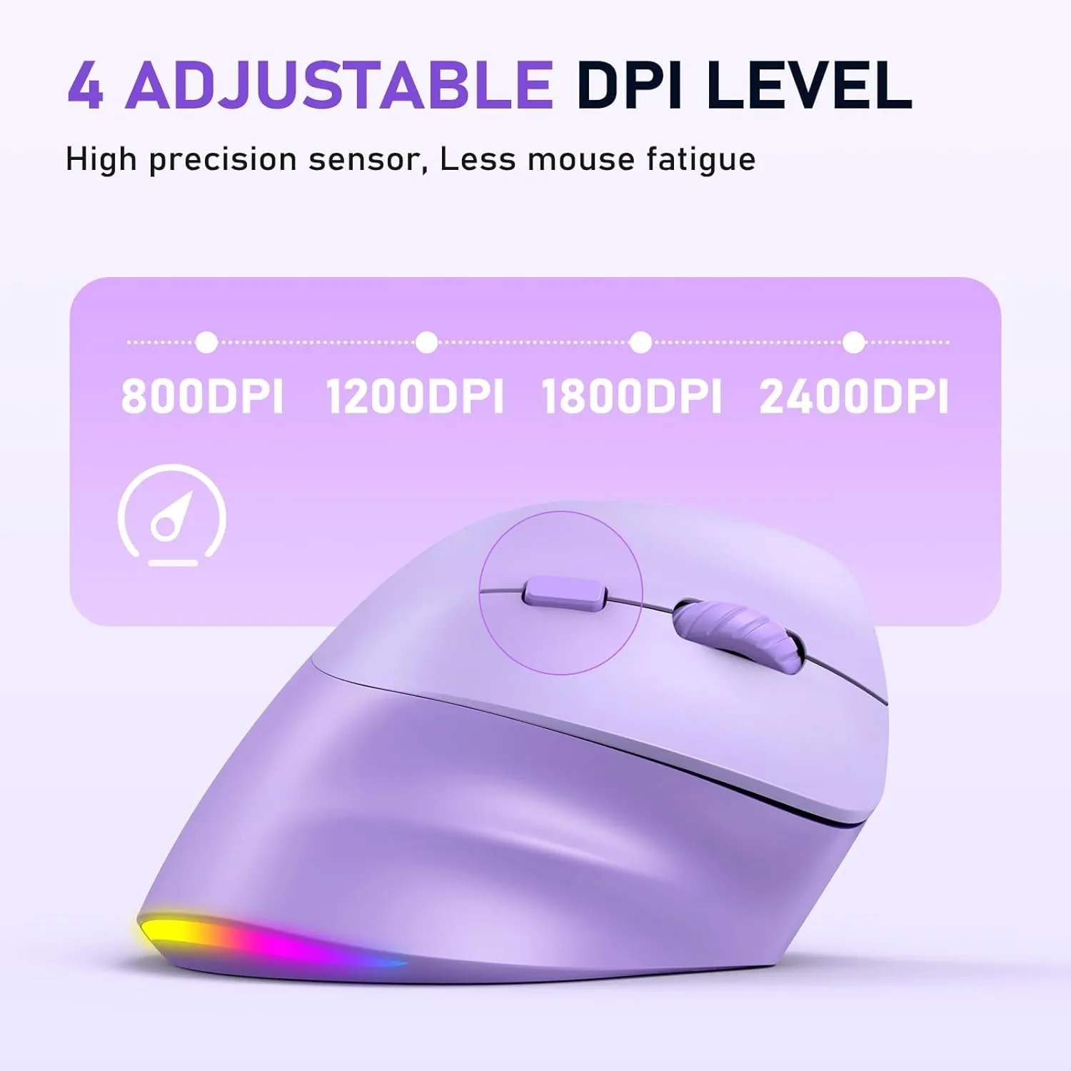 MEETION Ergonomic Mouse, Wireless Vertical Mouse RGB Backlit Rechargeable Mice for Bluetooth(5.2   3.0) & USB-A with USB-C Adapter 4 Adjustable DPI Compatible Mac/Windows/Andriod/Pc/Tablet/Ipad Purple