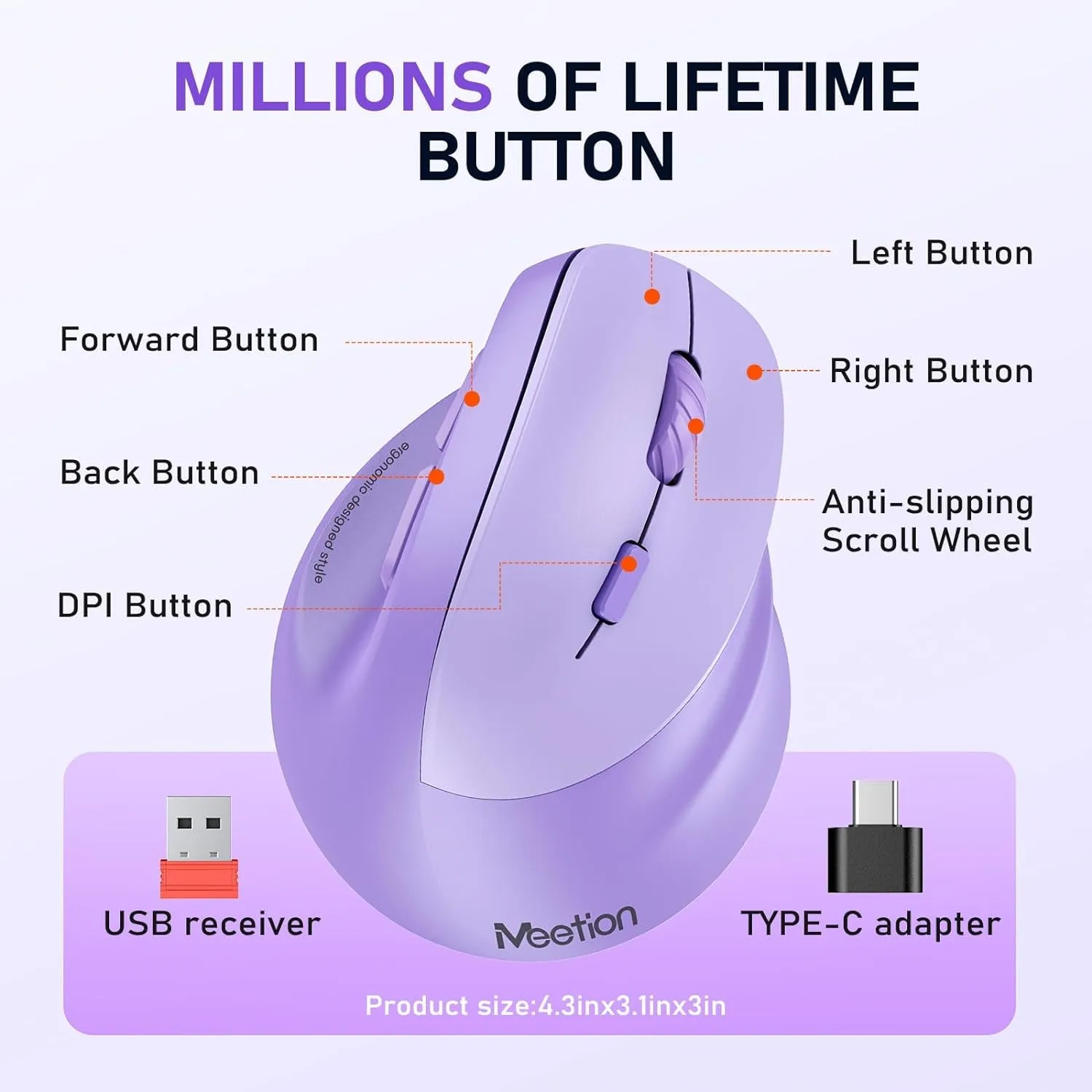 MEETION Ergonomic Mouse, Wireless Vertical Mouse RGB Backlit Rechargeable Mice for Bluetooth(5.2   3.0) & USB-A with USB-C Adapter 4 Adjustable DPI Compatible Mac/Windows/Andriod/Pc/Tablet/Ipad Purple