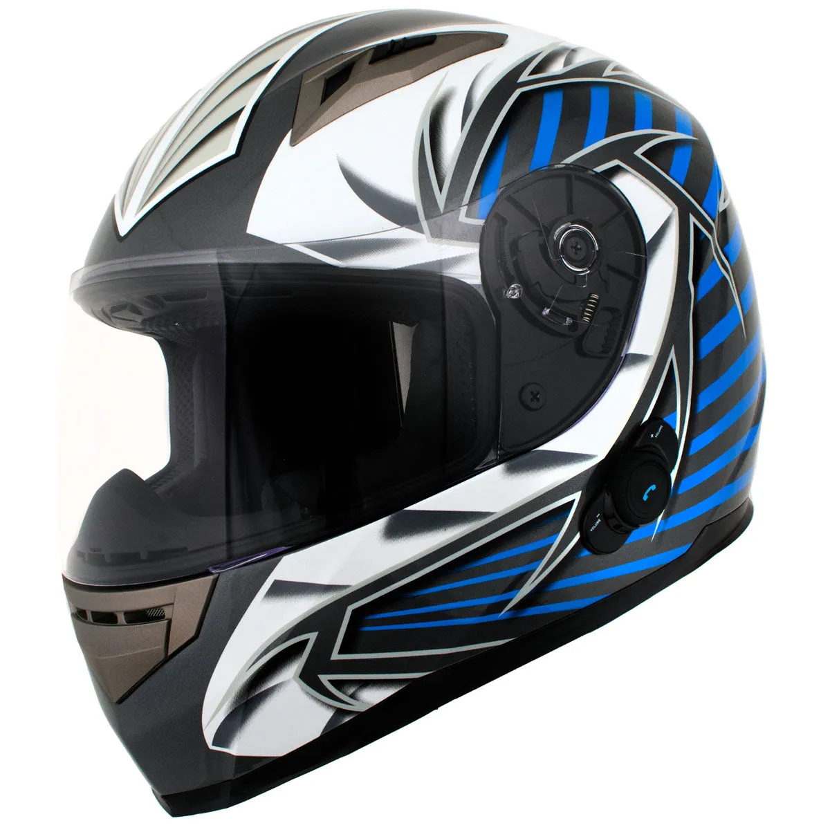 Milwaukee Helmets H512 Titanium and Blue Chit-Chat Black Full Face Motorcycle Helmet w/ Intercom - Built-in Speaker and Microphone for Men / Women