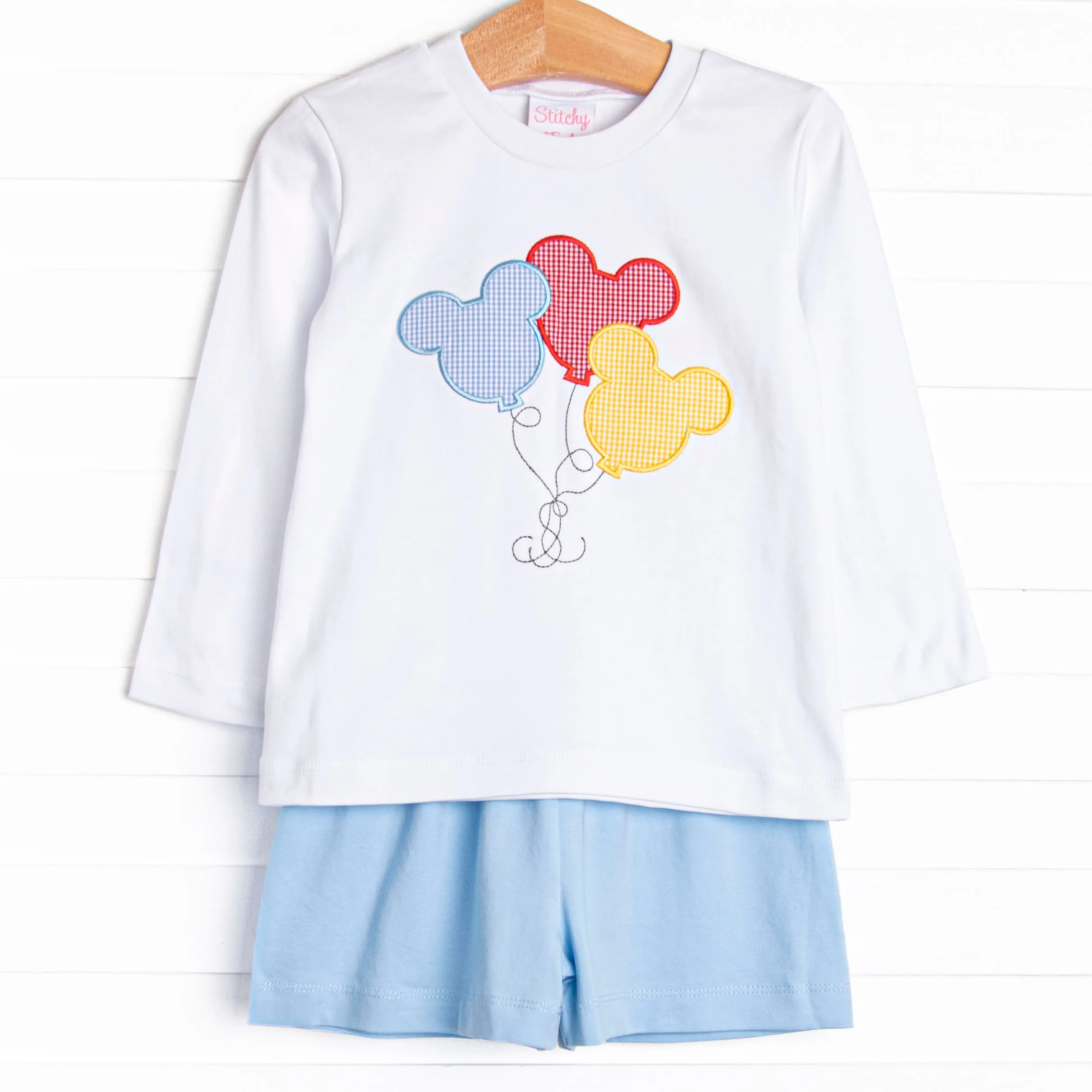 Mouse in the House Applique Long Sleeve Short Set, Blue