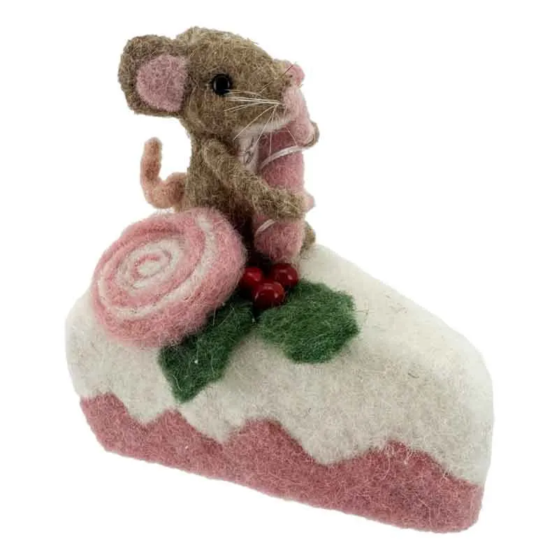 Mouse on Cake Slice Pink Christmas Decoration