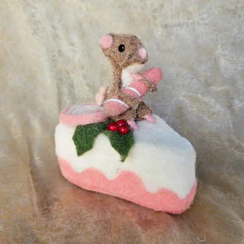 Mouse on Cake Slice Pink Christmas Decoration