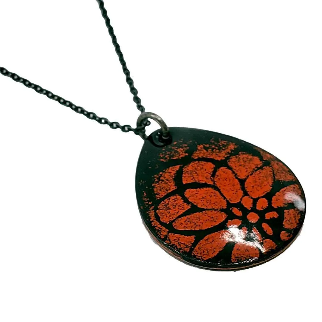 Necklace - Teardrop Flower Petals (Black Orange) by Magpie Mouse Studios