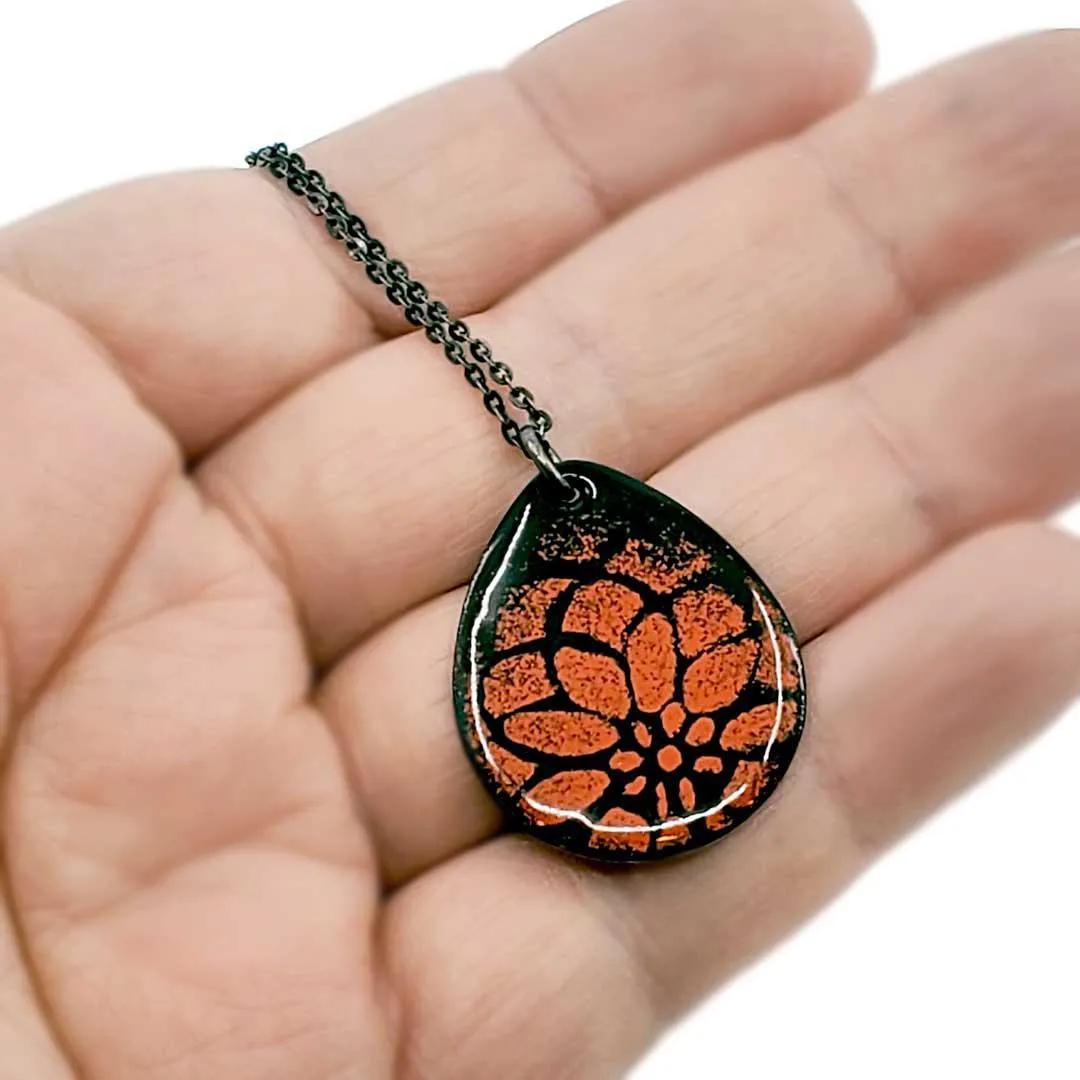 Necklace - Teardrop Flower Petals (Black Orange) by Magpie Mouse Studios