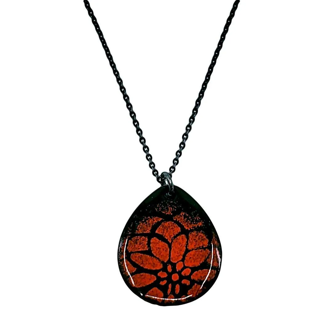 Necklace - Teardrop Flower Petals (Black Orange) by Magpie Mouse Studios