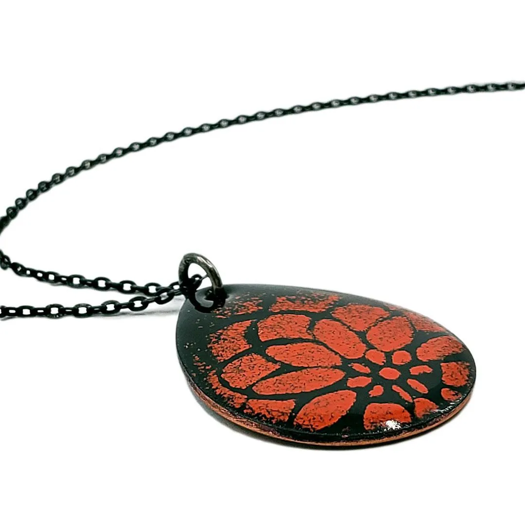 Necklace - Teardrop Flower Petals (Black Orange) by Magpie Mouse Studios