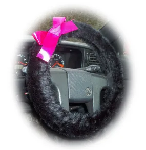 Pretty Black fluffy faux fur car steering wheel cover with Pink satin Bow fuzzy