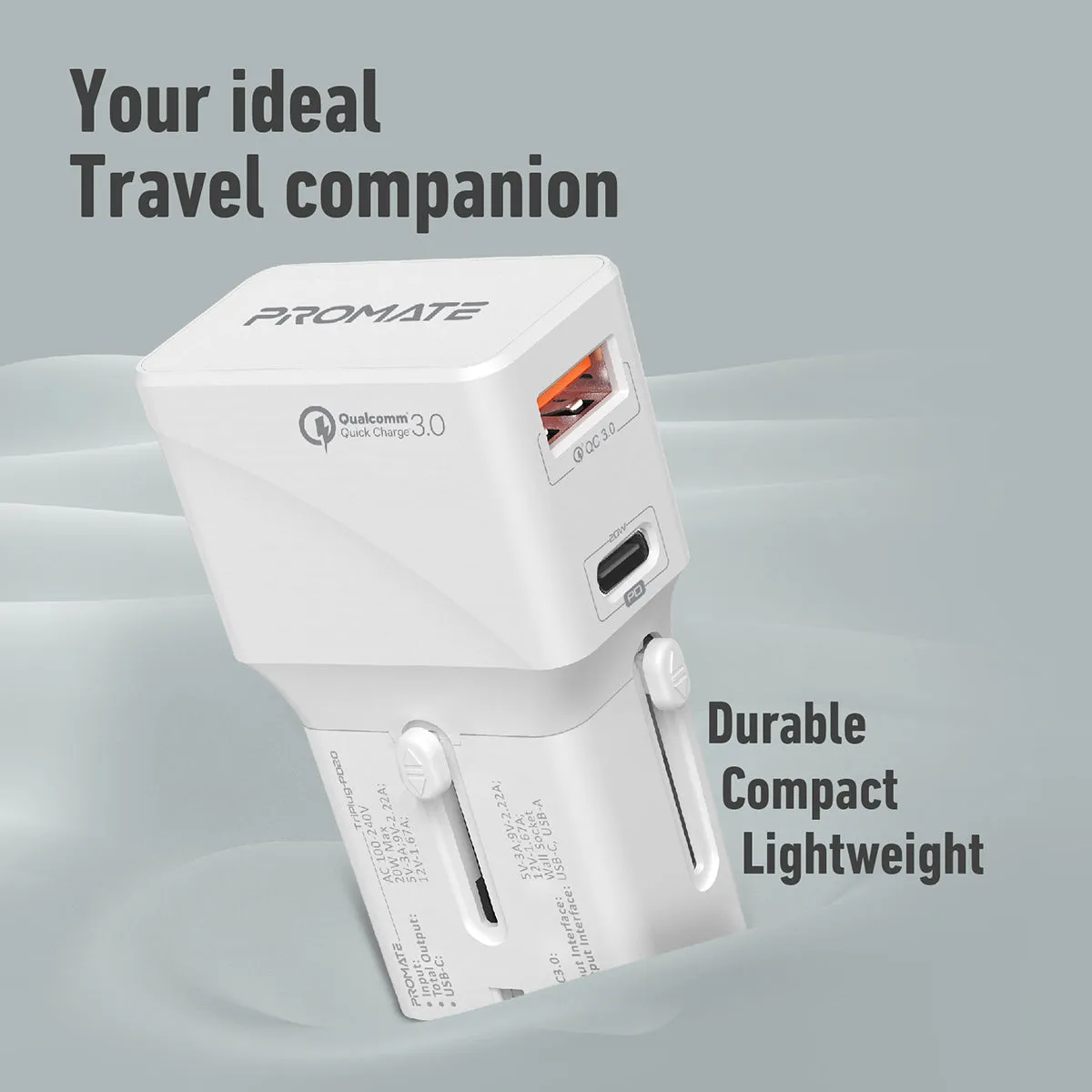 Sleek Universal Travel Adapter with 20W Power Delivery & Quick Charge 3.0