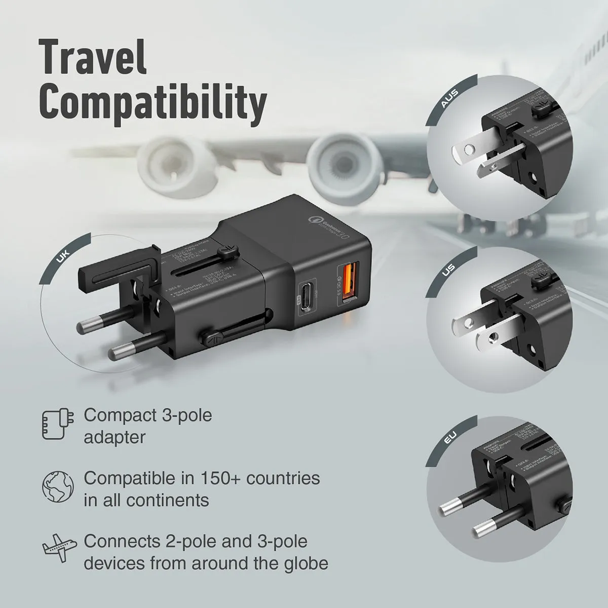 Sleek Universal Travel Adapter with 20W Power Delivery & Quick Charge 3.0