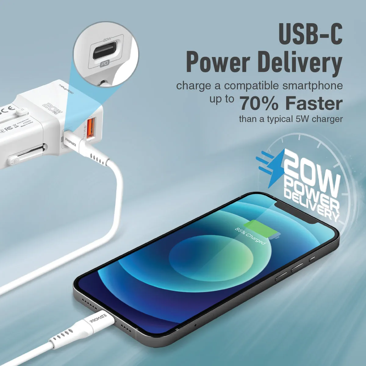 Sleek Universal Travel Adapter with 20W Power Delivery & Quick Charge 3.0