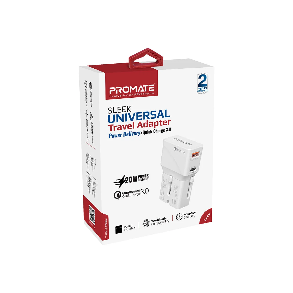 Sleek Universal Travel Adapter with 20W Power Delivery & Quick Charge 3.0