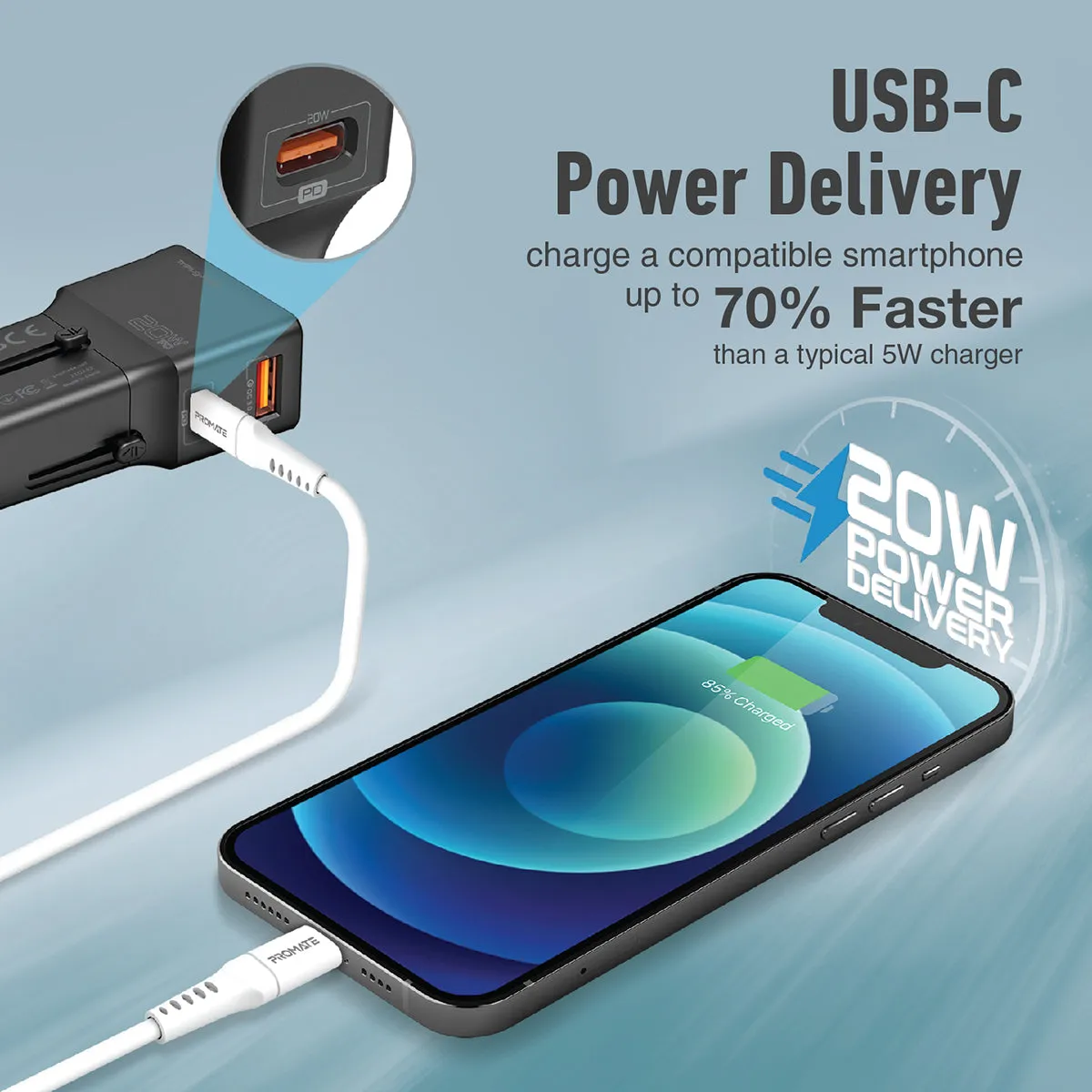 Sleek Universal Travel Adapter with 20W Power Delivery & Quick Charge 3.0