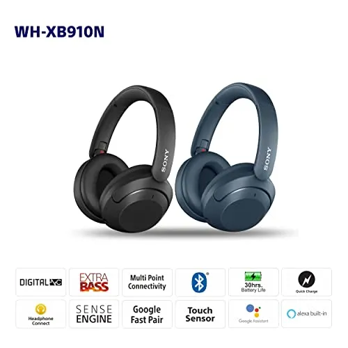 Sony WH-XB910N EXTRA BASS Noise Cancelling Headphones, Wireless Bluetooth Over the Ear Headset with Microphone and Alexa Voice Control, Black