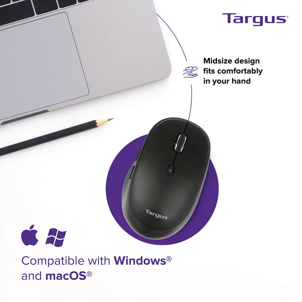 Targus Midsize Comfort Bluetooth Wireless Mouse | Multi-Device connectivity for 3 Devices | DefenseGuard Antimicrobial Protection | AMB582 Black