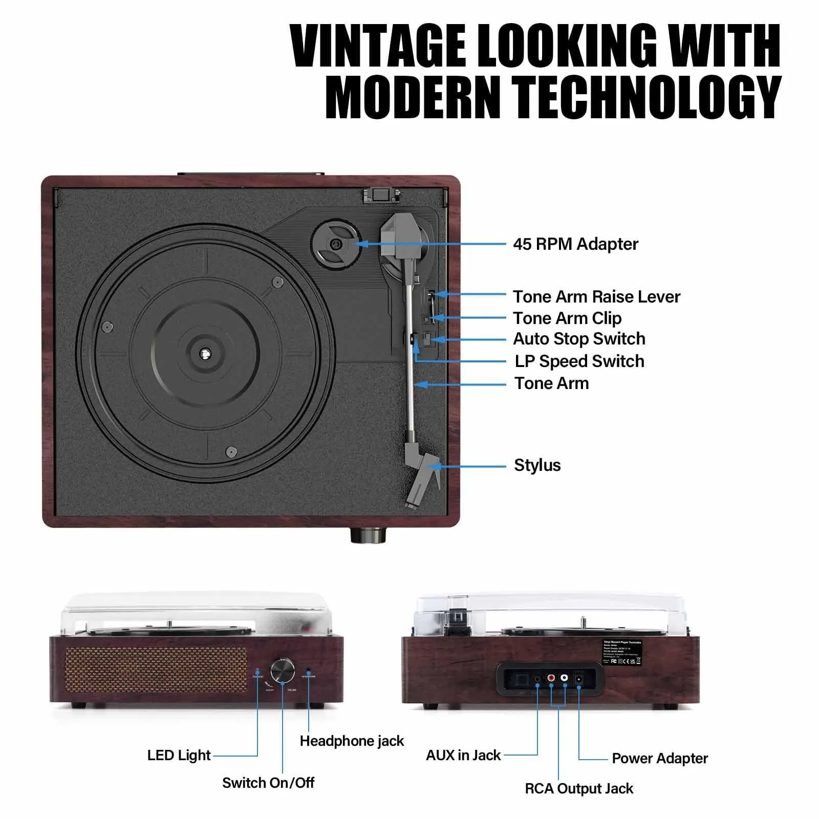 Vinyl Record Player Turntable with Built-in Bluetooth Receiver & 2 Stereo Speakers.