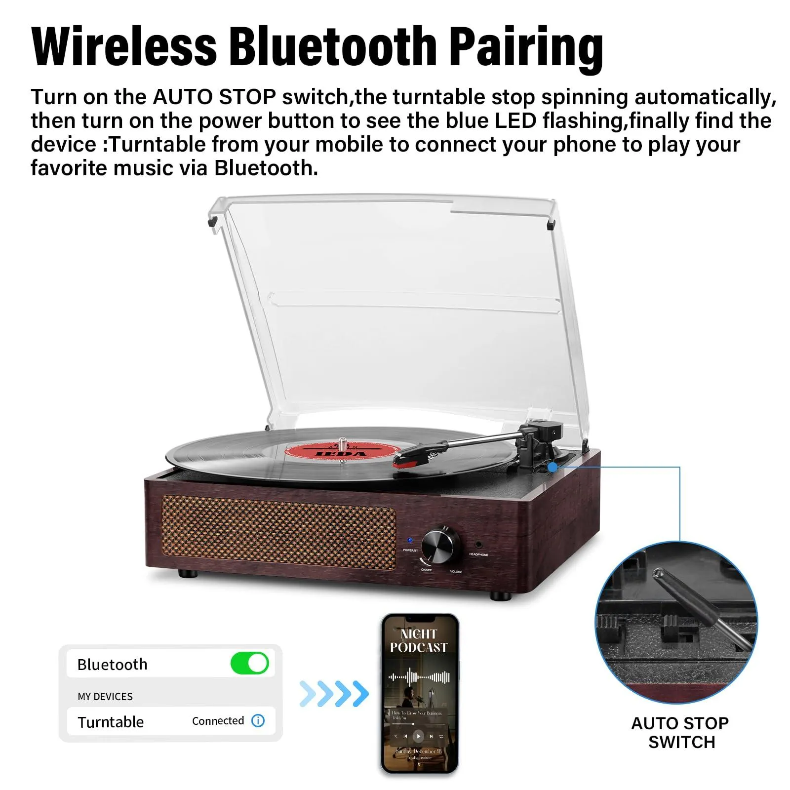 Vinyl Record Player Turntable with Built-in Bluetooth Receiver & 2 Stereo Speakers.