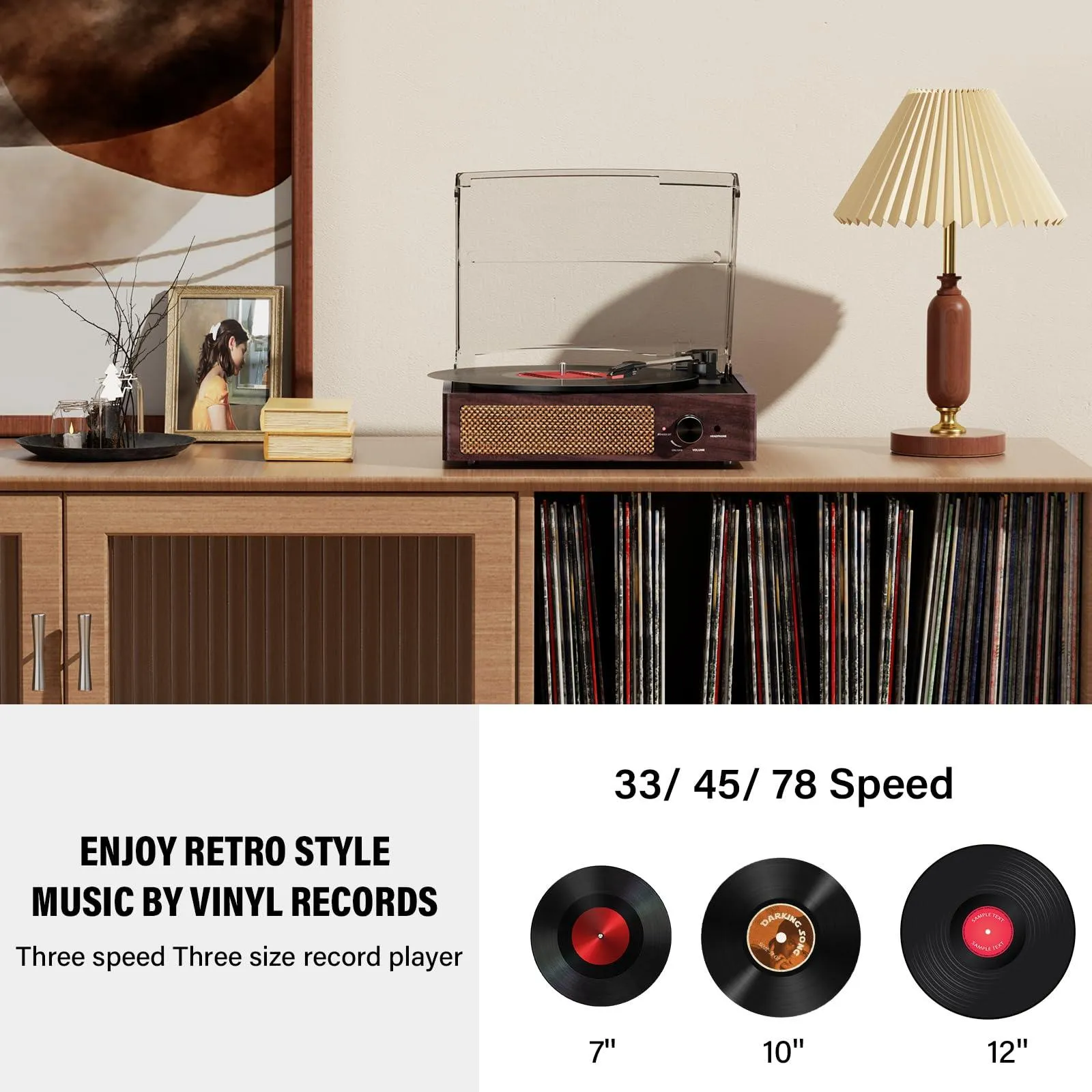 Vinyl Record Player Turntable with Built-in Bluetooth Receiver & 2 Stereo Speakers.