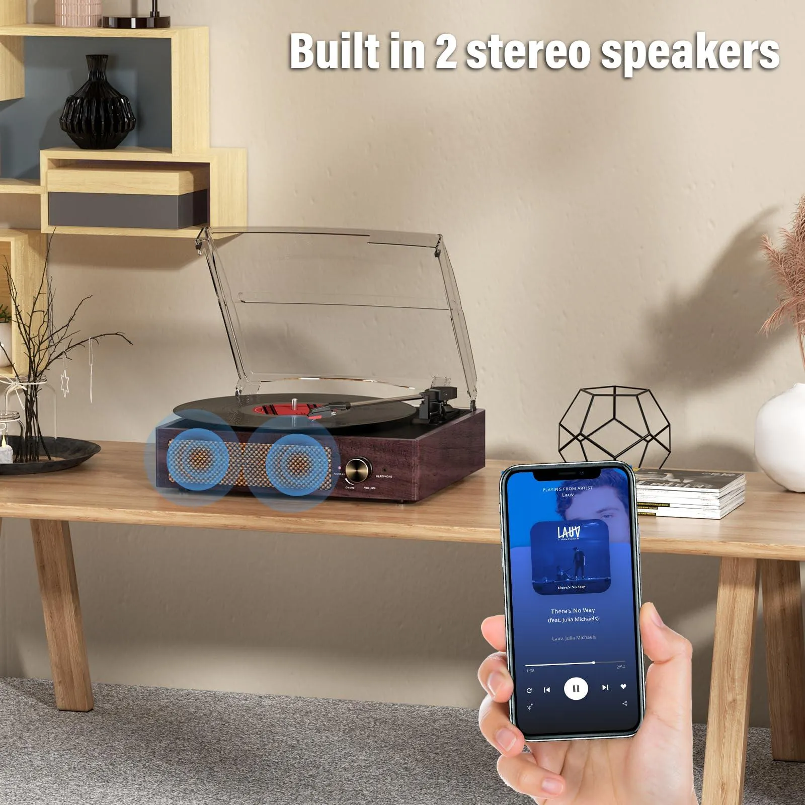 Vinyl Record Player Turntable with Built-in Bluetooth Receiver & 2 Stereo Speakers.