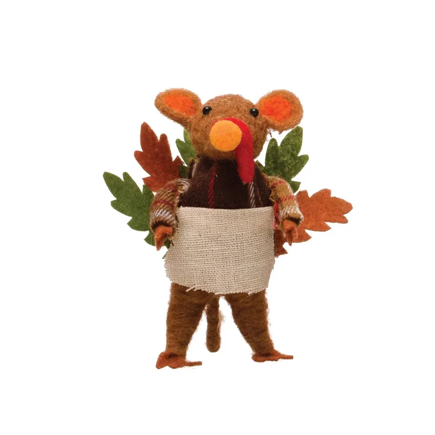 Wool Felt Turkey Mouse w/ Plaid Shirt & Apron